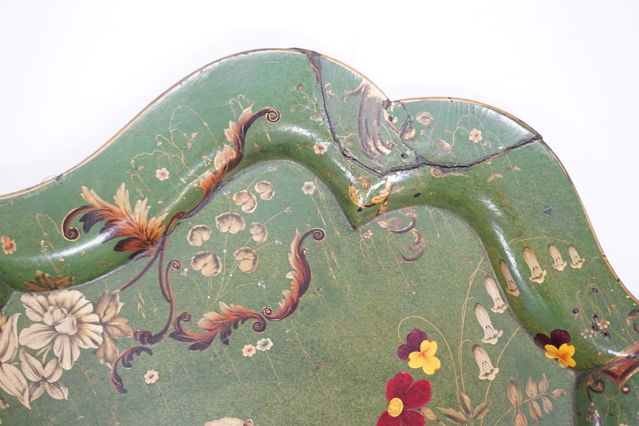 A large Victorian papier mache tray, decorated with butterflies and flowers, 62x82cm